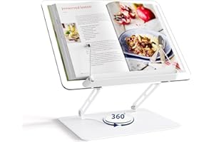 HAUTOCO Adjustable Acrylic Book Stand for Reading, 360° Rotating Base, Foldable Desktop Book Holder with Elastic Page Clips, 