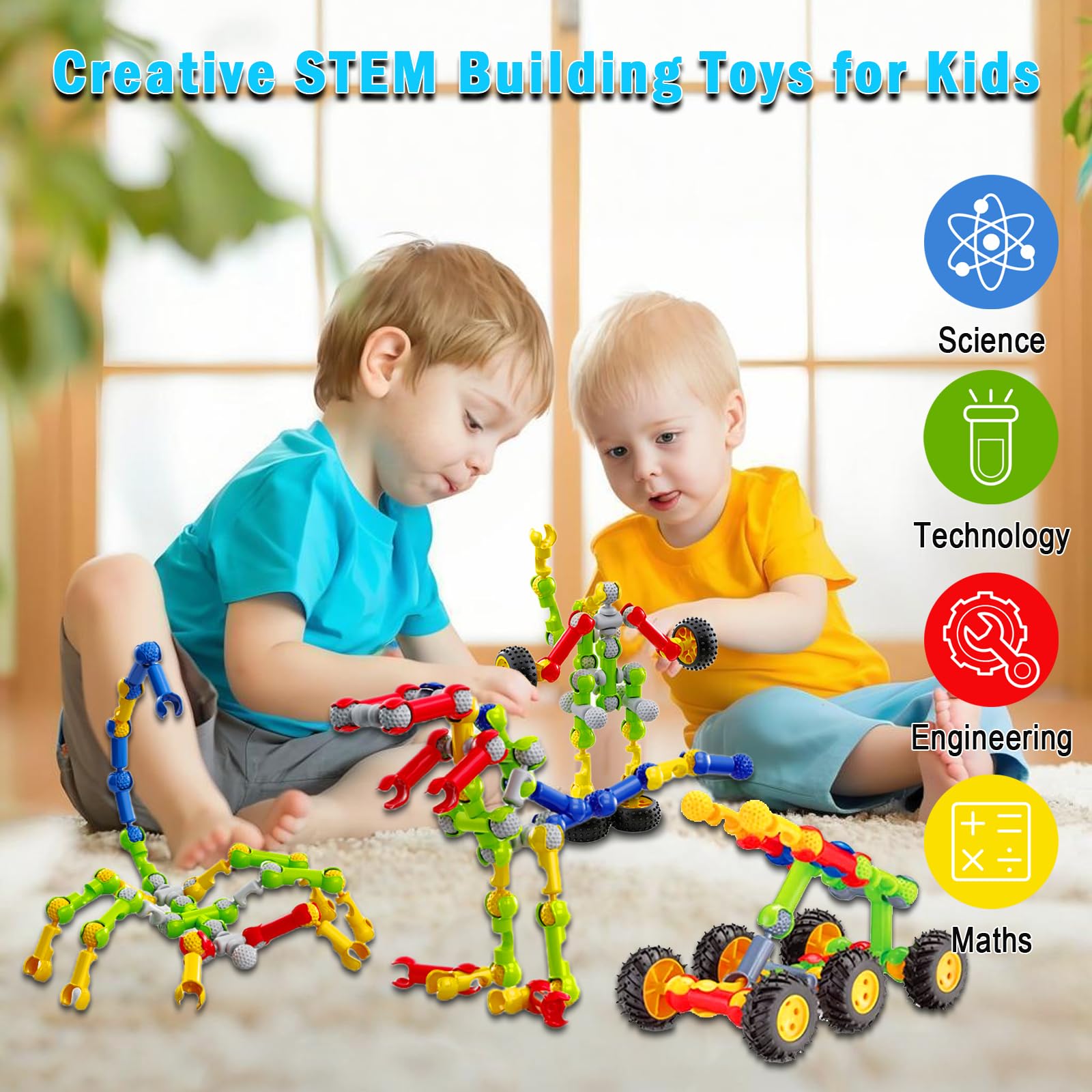 Stem Building Toys for 3 4 5 6 7 8 Year Old Boys Girls Kids,125 Pieces Building Blocks Educational Learning Toys with Large Storage Box,Ideal Christmas Birthday Gifts