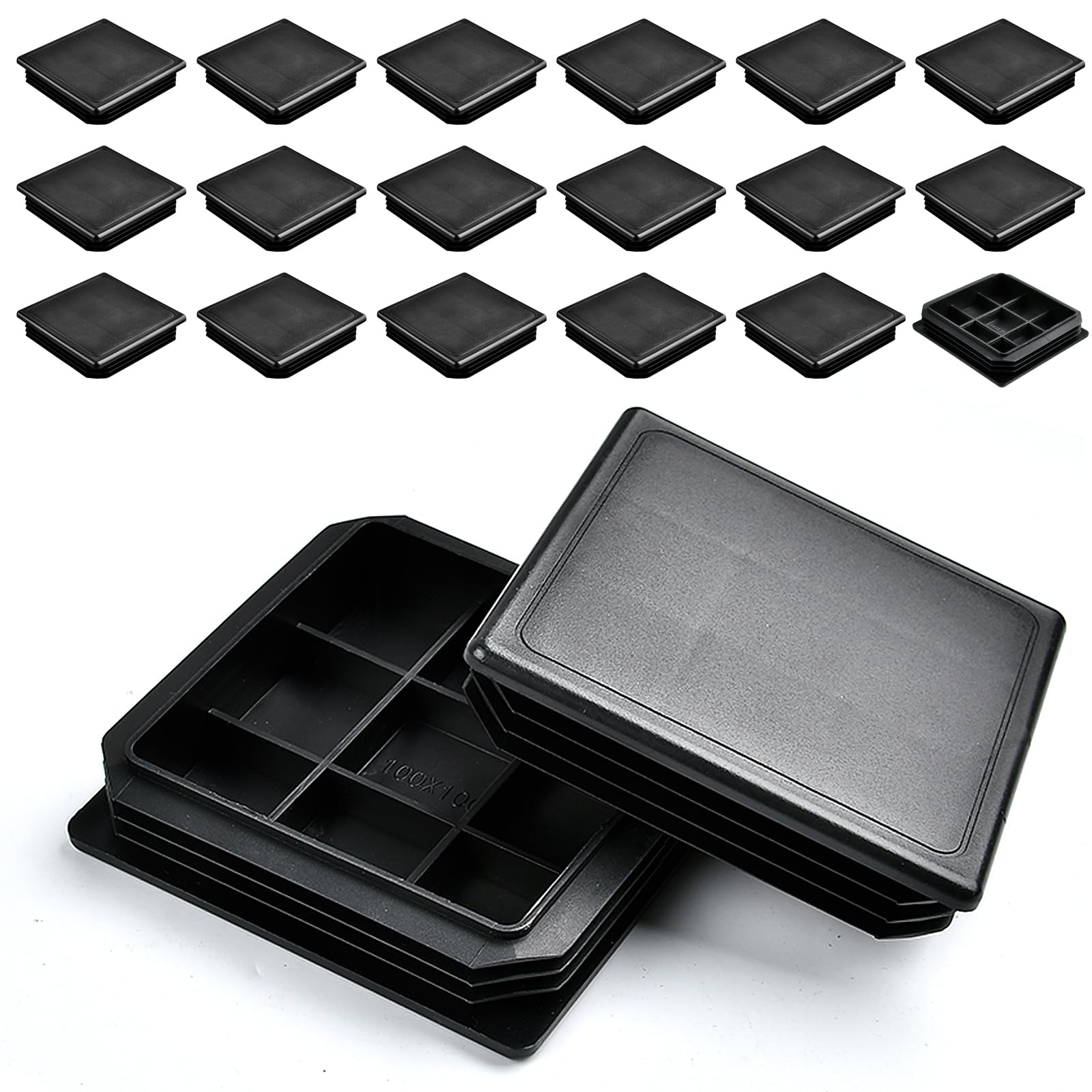 Akamino 20 PCS 100 x 100 mm Square Plastic Plugs, Black Tube Inner End Caps,Anti-Slip Plastic Insert Plugs Pipe for Tables Chairs Desks Beds Foot