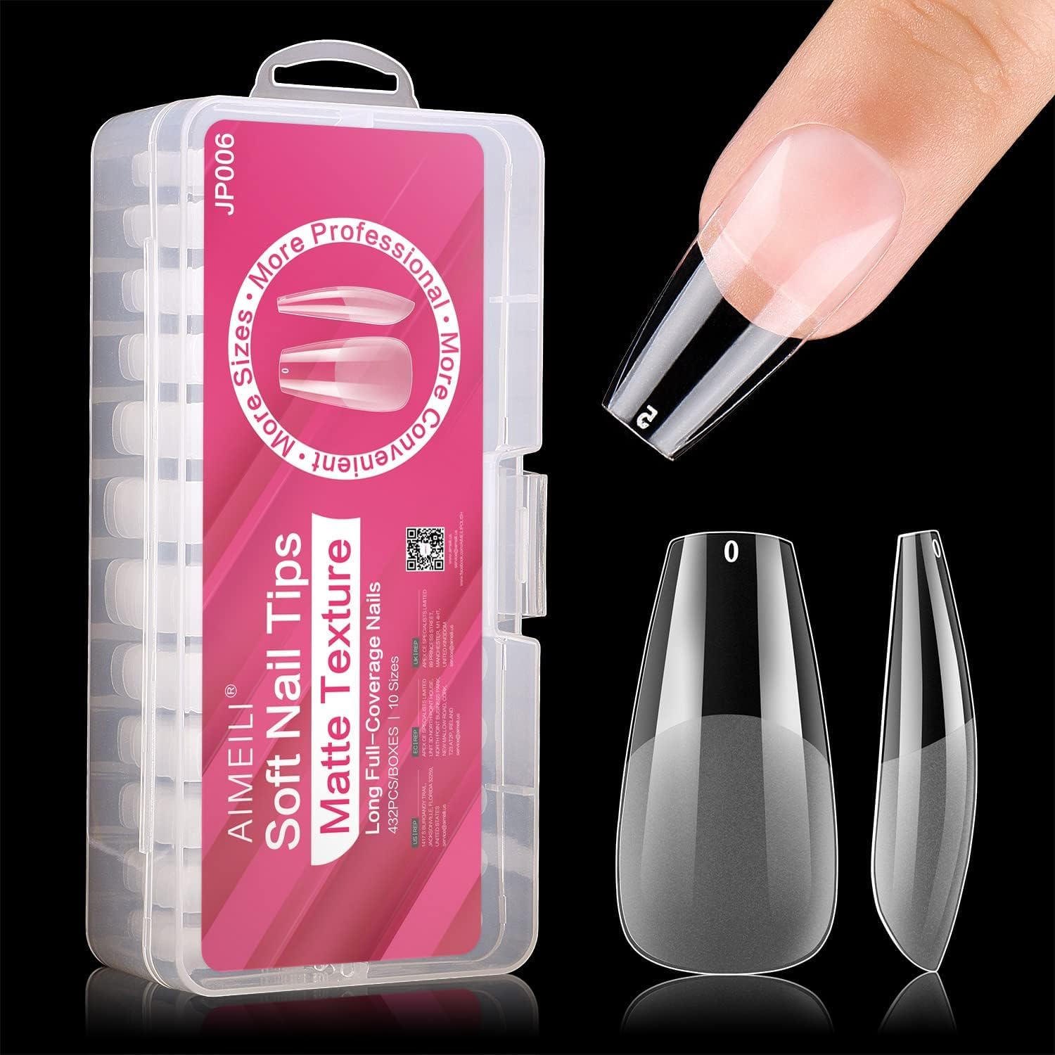 AIMEILI False Nail Tips, 432PCS Clear Matte Coffin Full Cover Nail Tips for Soak Off Nail Extension, Acrylic False Press on Nails with Box for Nail Art Salon and Home DIY, 10 Sizes 006 — image 1