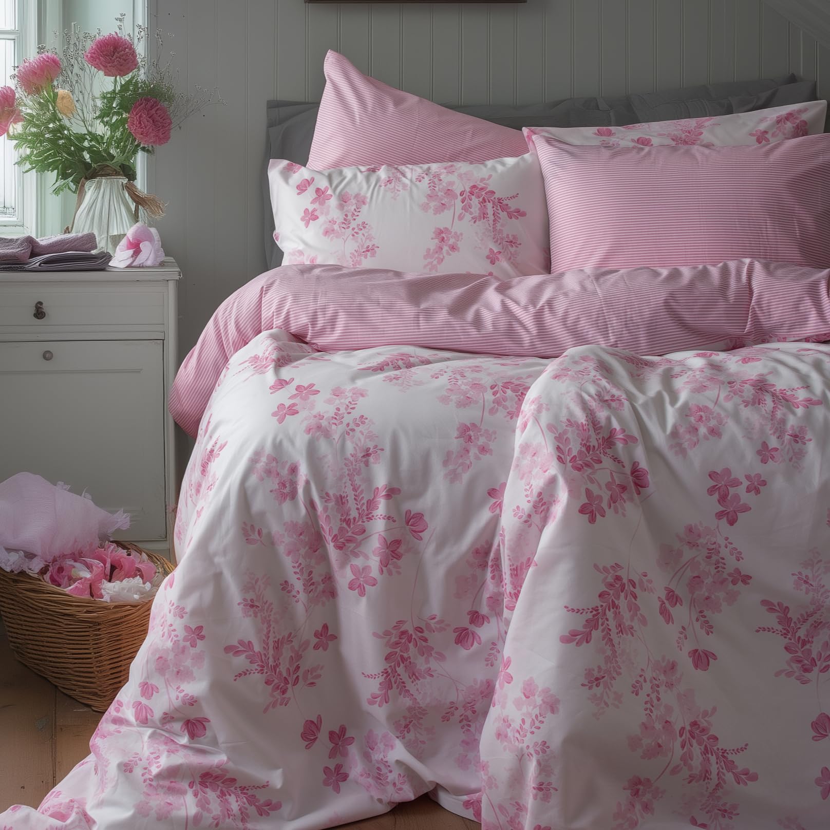 LERUUM Cotton Duvet Cover Sets Pink Bedding Sets King Size Reversible Floral & Striped White Kingsize Quilt Covers