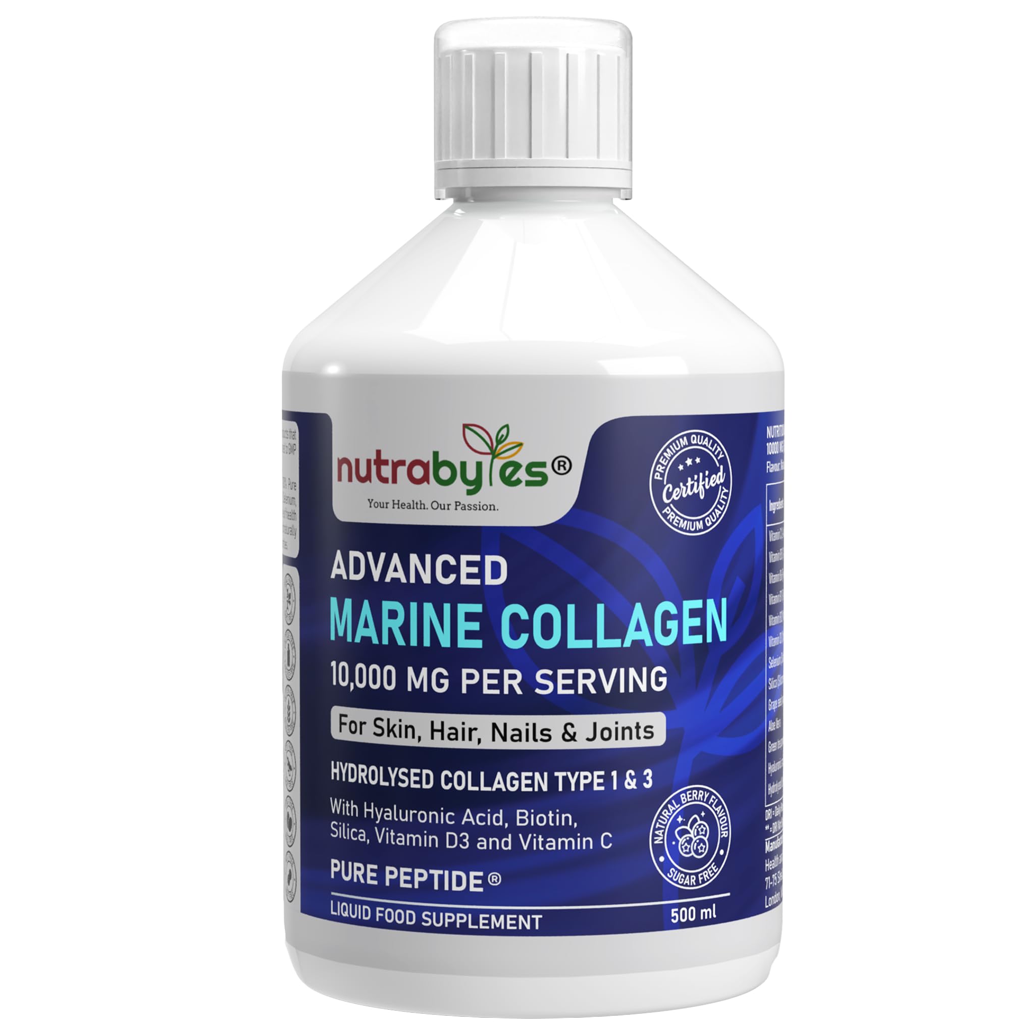 Marine Collagen Liquid 10000mg | Sugar Free | Hydrolysed Collagen Peptides | Hyaluronic Acid, Biotin, Silica, Vitamin C, Vitamin D3 | Skin, Hair, Nails | Liquid Collagen Supplement for Women & Men