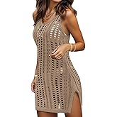 Bellelily Swimsuit Coverup for Women Bathing Suit Cover ups Crochet Beach Tank Dress Hollow Out Slit Bikini Cover Up Dresses