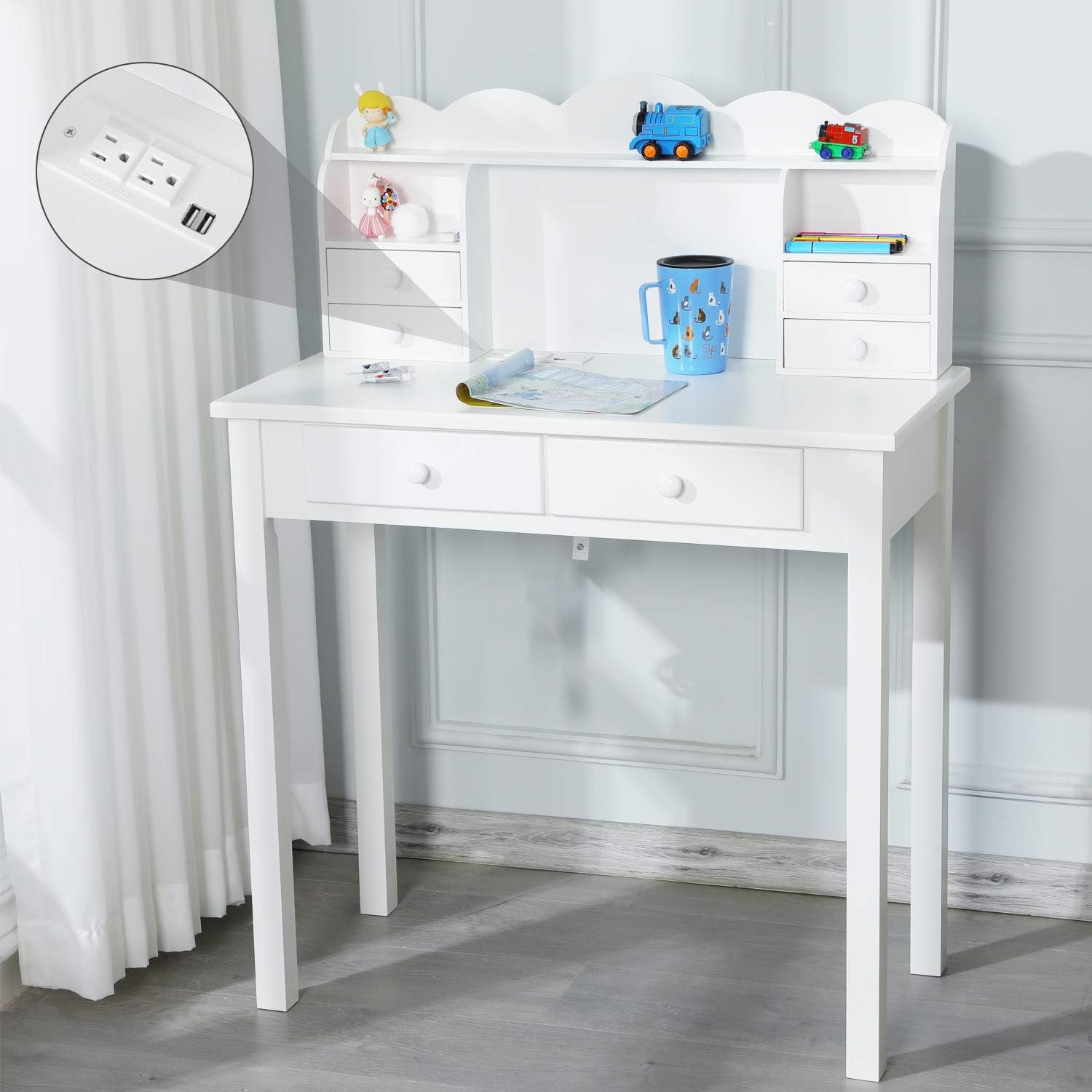 ADORNEVE Small White Writing Desk with Hutch and USB Ports