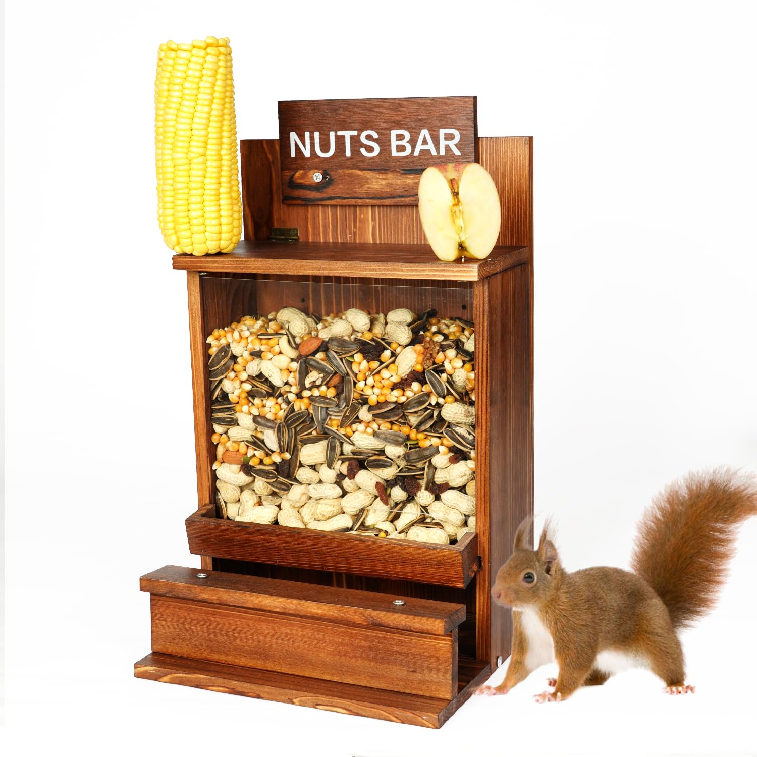 thumbnail interactive-video image 1 of Wooden Squirrel Feeder With Transparent Window - Outdoor Garden Wildlife Feeding Station For Corn & Nuts 1 of 12