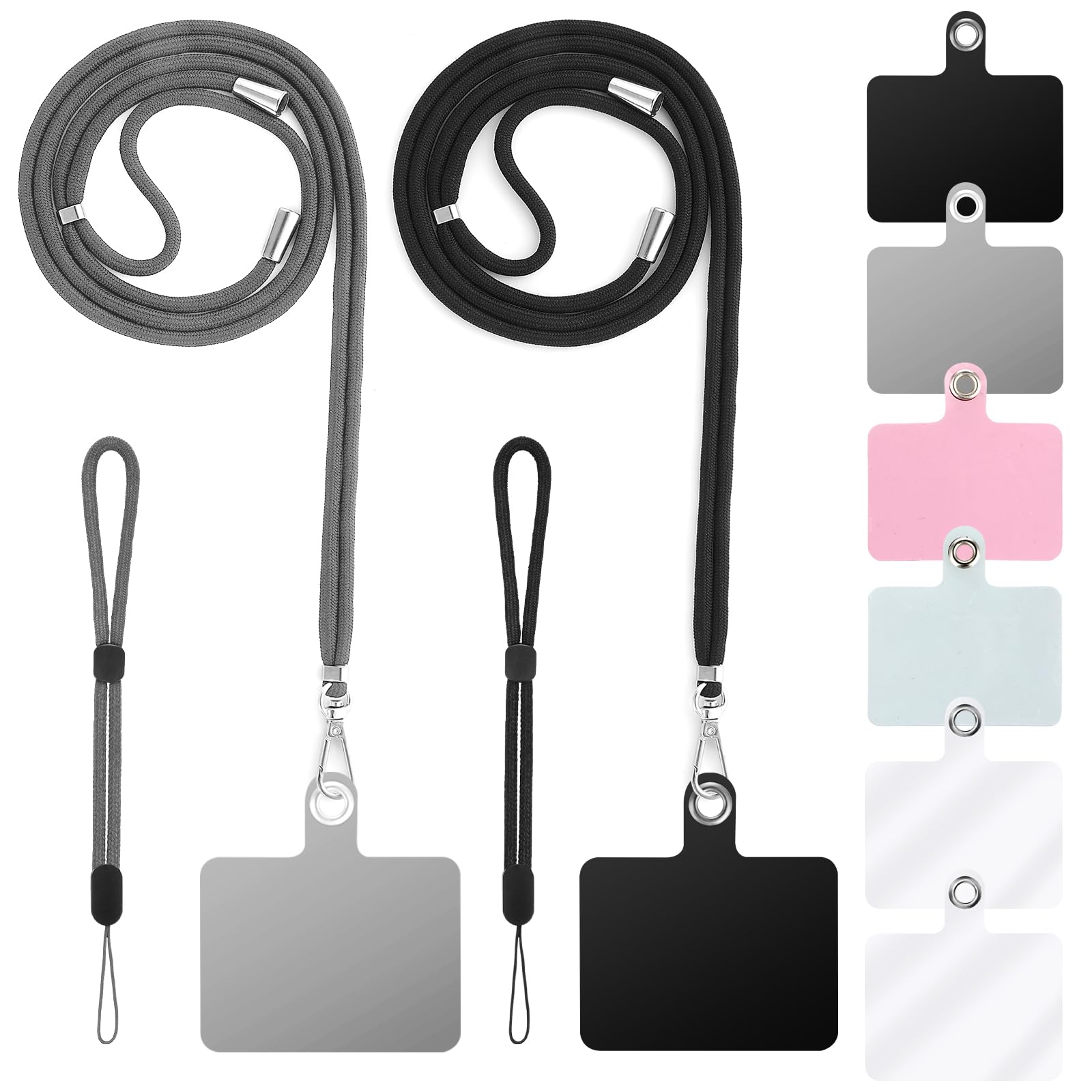 Cobee Cell Phone Lanyard, 2pcs Neck Lanyard + 2pcs Wrist Lanyard Strap + 6pcs Phone Tether Tabs, Nylon Crossbody Lanyard Wristlet Straps PVC Tether Pads for Safety Drop Protection(Black, Dark Gray)