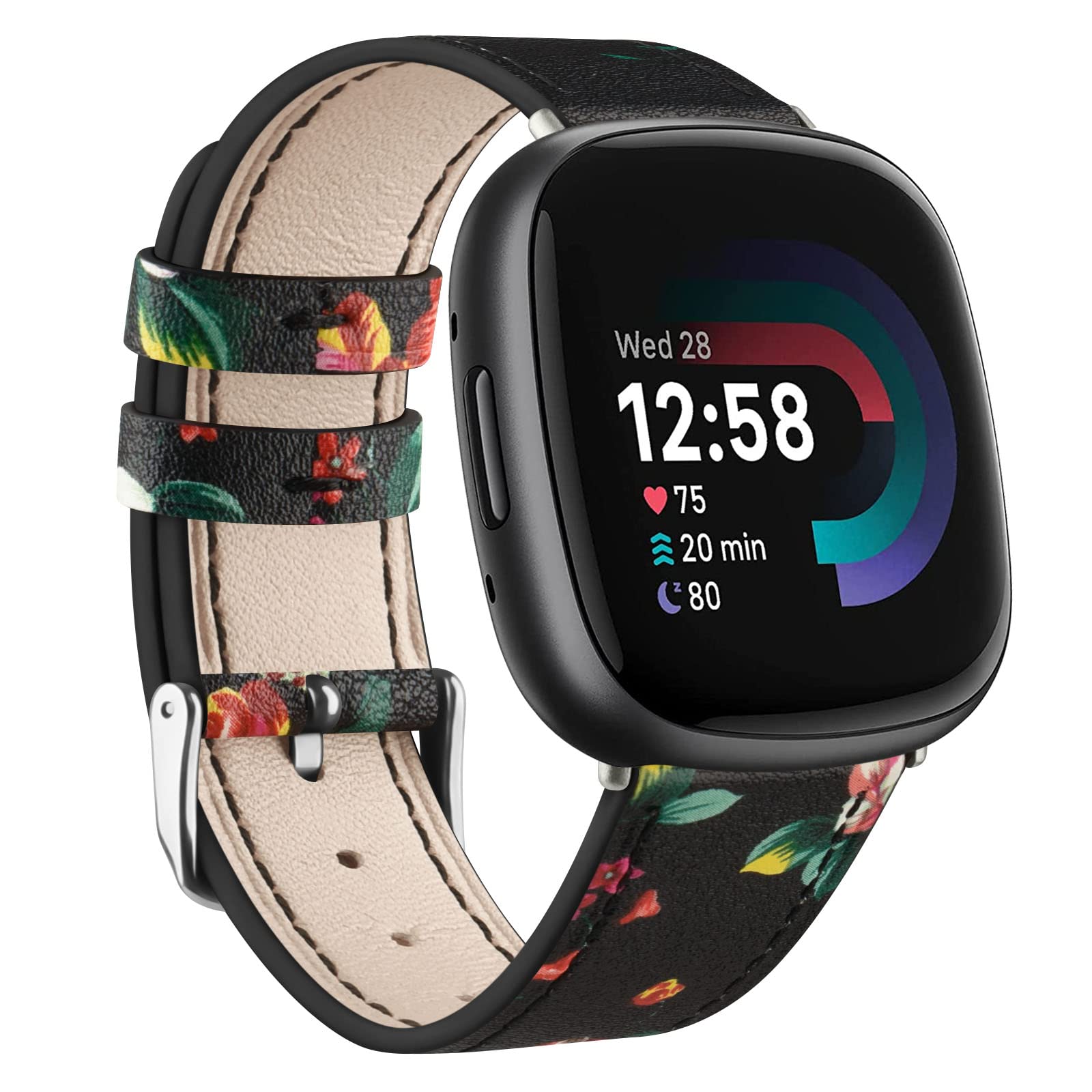 Leather Straps for Fitbit Versa 4/3/Sense 2/1 - Women & Men, Genuine Leather Replacement (Black Red Flower) — image 1