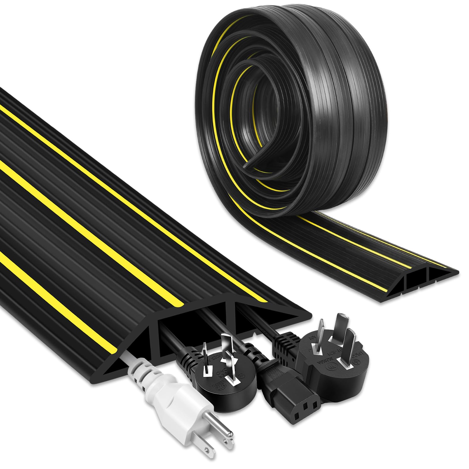 Floor Cable Cover, 3 Meters Floor Cable Protector, Heavy Duty Rubber Wire Covers for Floor Outdoor Cable Cover, 3 Cord Channels Floor Cable Tidy Management, Black