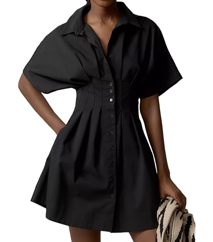 black dress with button up shirt MISSACTIVER Women Pleated Down Short Sleeve Striped Corset Mini Dresses Casual Summer Short Dress at Amazon Women's Clothing store Bust 39.37 in feature_One-Shoulder Short Sleeve Fit and Size:15.5/36