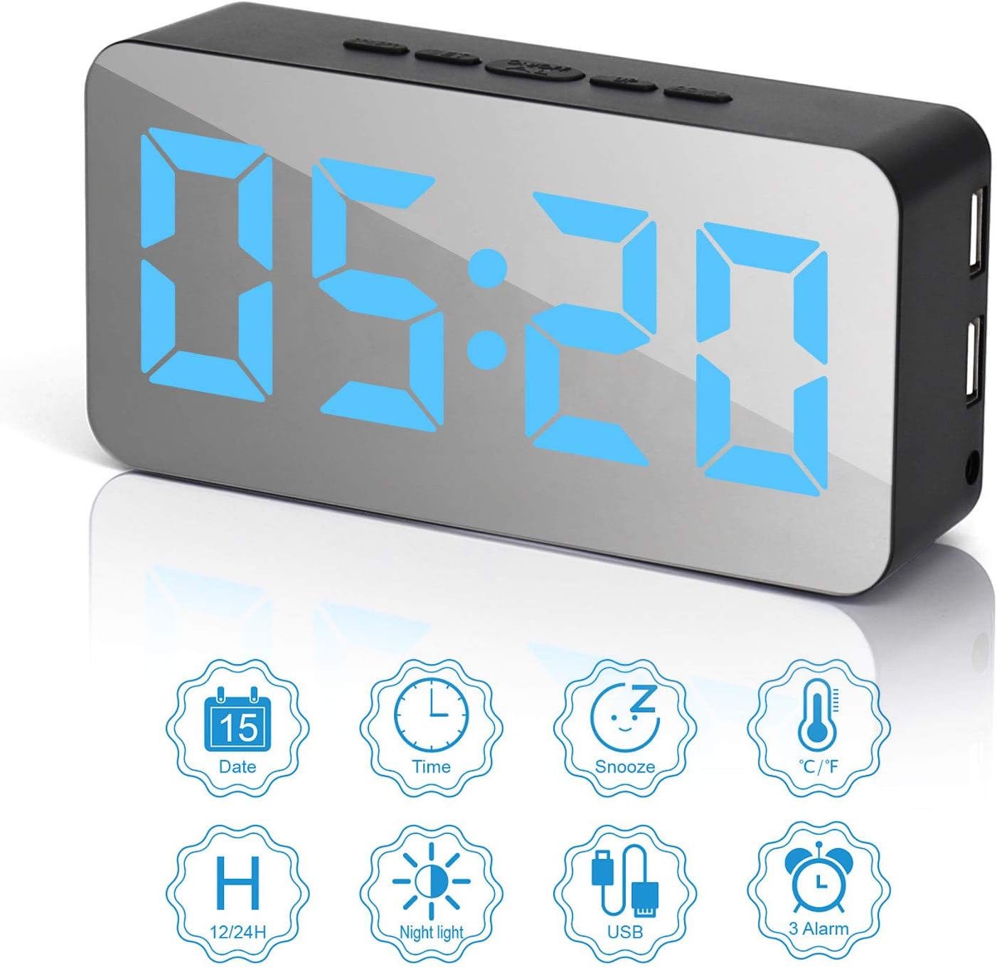 Digital Alarm Clock, LED Adjustable Brightness Voice Control Mirror Effect 115 Species Color Dimmer Light Desk Alarm Clock with Date Temperature Detection USB/Battery for Bedroom Office(Black)