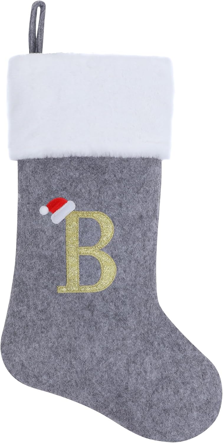 Stockings & Holders - Chisander 20 Inches Grey with White Super Soft Plush Christmas Stockings Personalized Embroidered Monogrammed Xmas Stocking Hanging Ornaments for Family Holiday Xmas Party Decorations（Letter B）