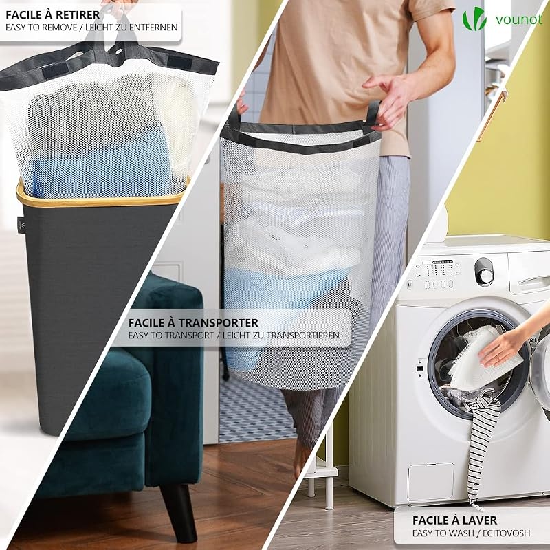 ® Cesto Portabiancheria 100L con Ruote, Cesta Biancheria Sporca con Coperchio e Manici in Bambù, Porta Biancheria Pieghevole Cesta Panni Sporchi per Bagno o Lavanderia Vestiti, Grigio