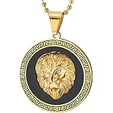 Men's Gold-Tone Stainless Steel Lion Head Medallion Necklace With Ball Chain and Black Enamel, Bold Regal Strength Jewelry Gift for Him
