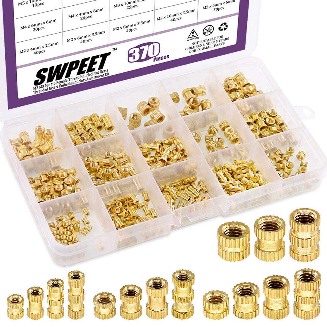 370Pcs 4 Values M2 M3 M4 M5 Female Thread Knurled Nuts Brass Threaded Insert Embedment Nuts Hydraulic Welded Joint Injection Molding Assortment Kit Perfect for 3D Printing Injection Molding