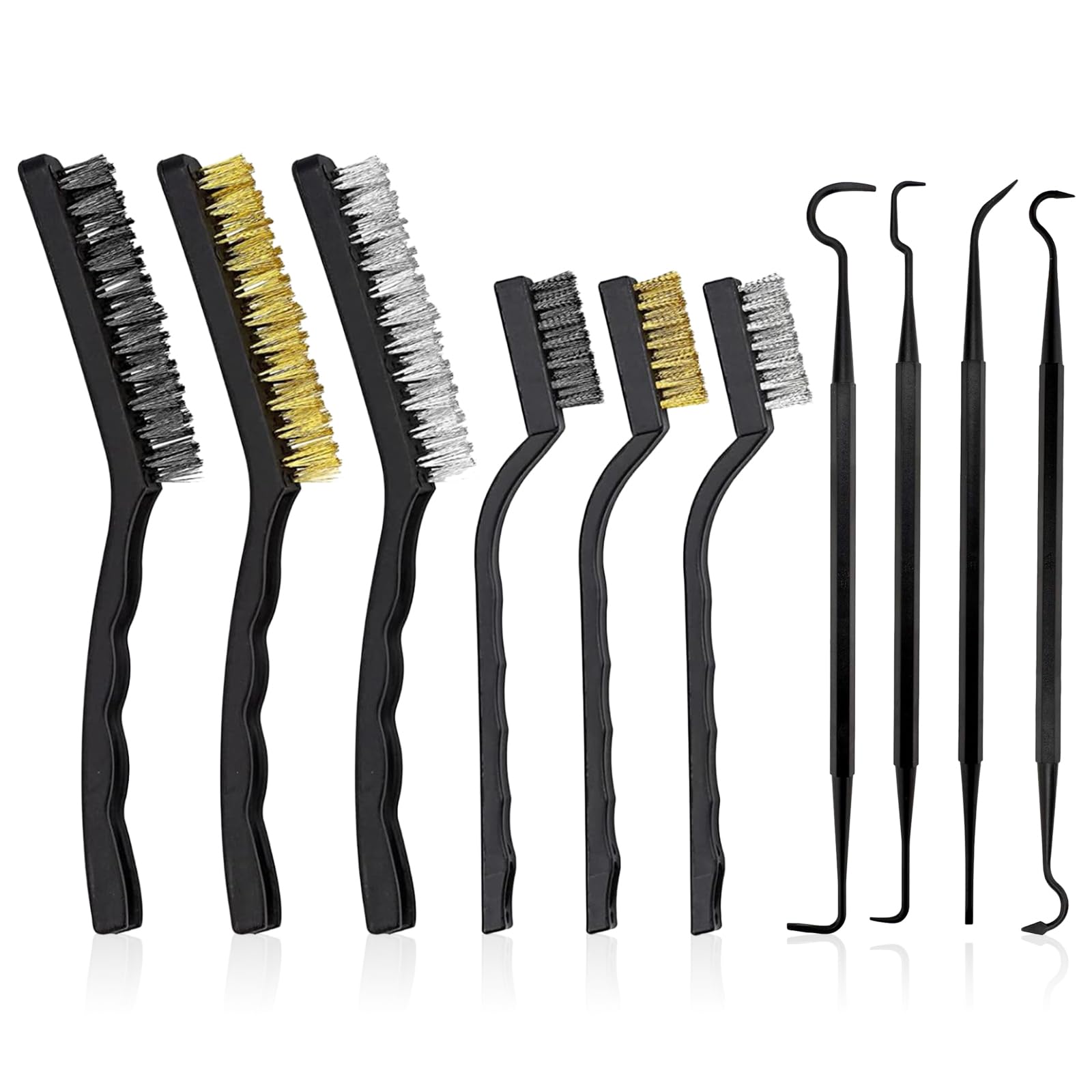 10 Pieces Wire Brush Set & Pick Kit, Metal Rust Remover Brushes Nylon Brass Steel Brush and Ploymer Metal Picks for Cleaning Welding Slag and Rust, 7/9 Inches