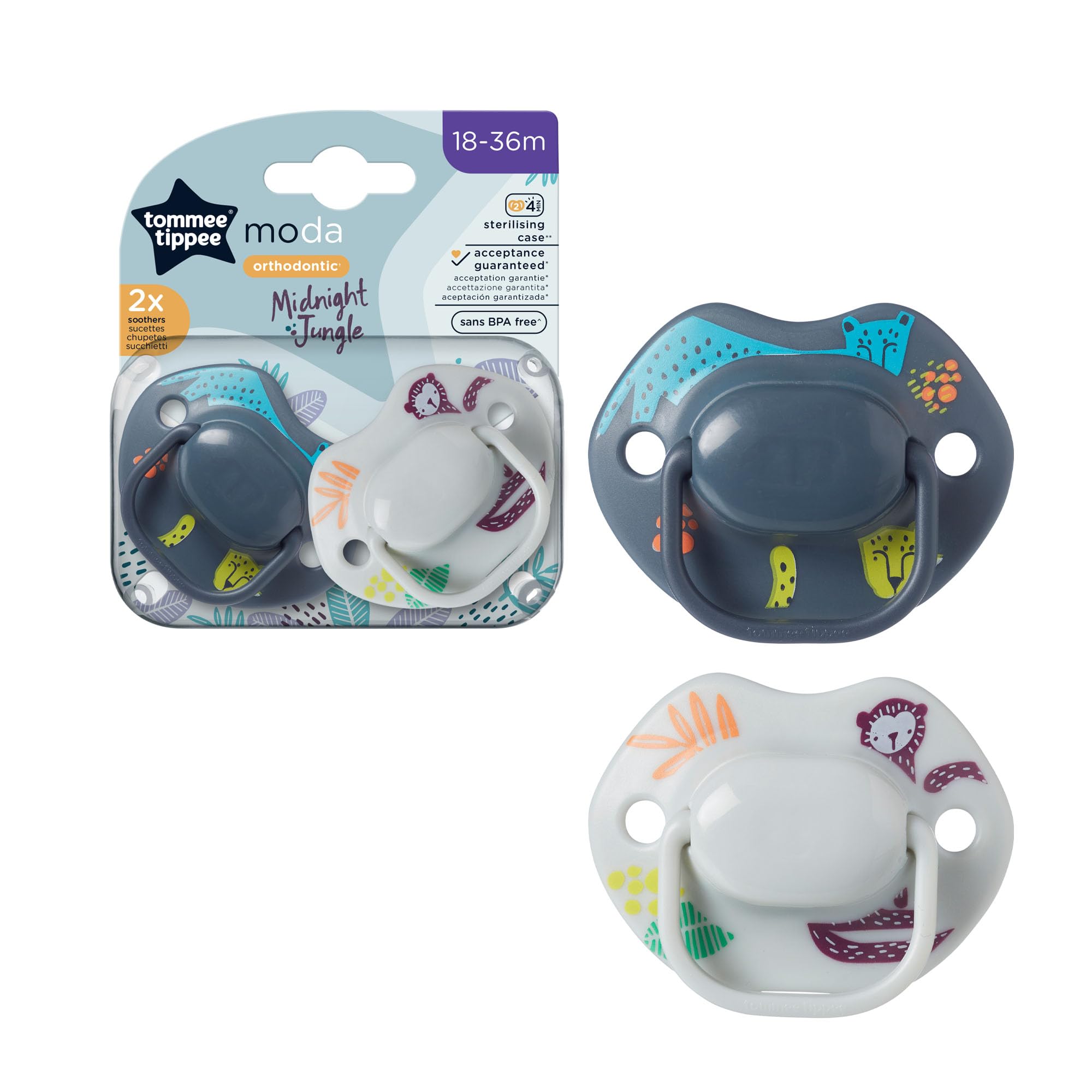 Tippee Moda Soothers, Symmetrical Orthodontic Design, BPA-Free Silicone, 18-36m, Pack of 2 Dummies, Designs may vary