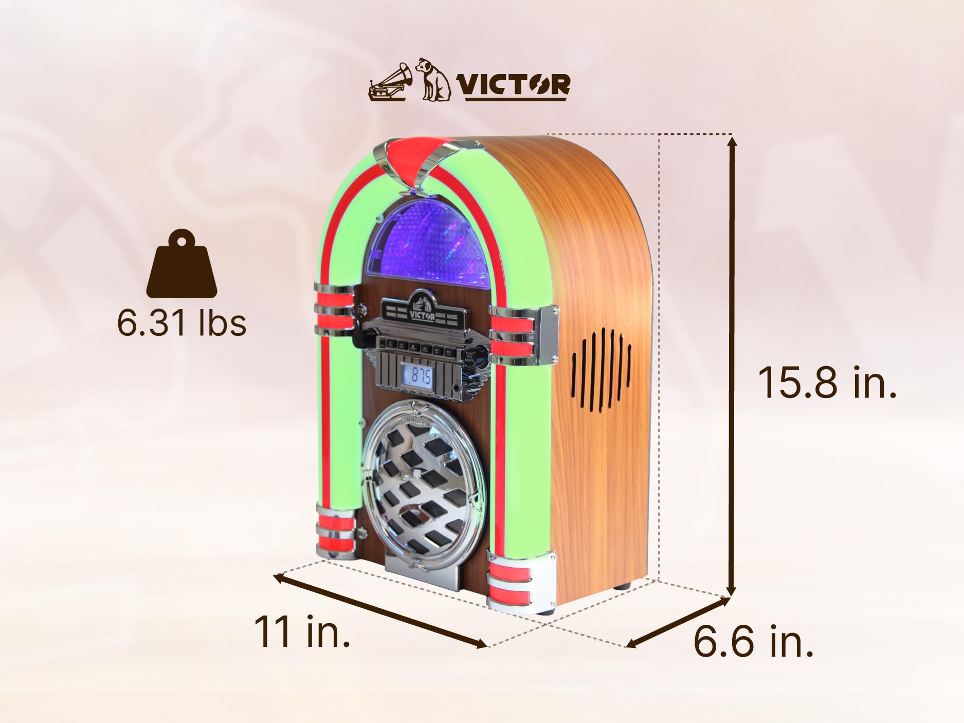 VICTOR VDTJ-1550 Broadway Desktop Bluetooth CD Jukebox Speaker with FM Radio, Multicolor LED Lighting, and Aux Input – Perfect for Retro-Style Music Streaming and Ambient Lighting
