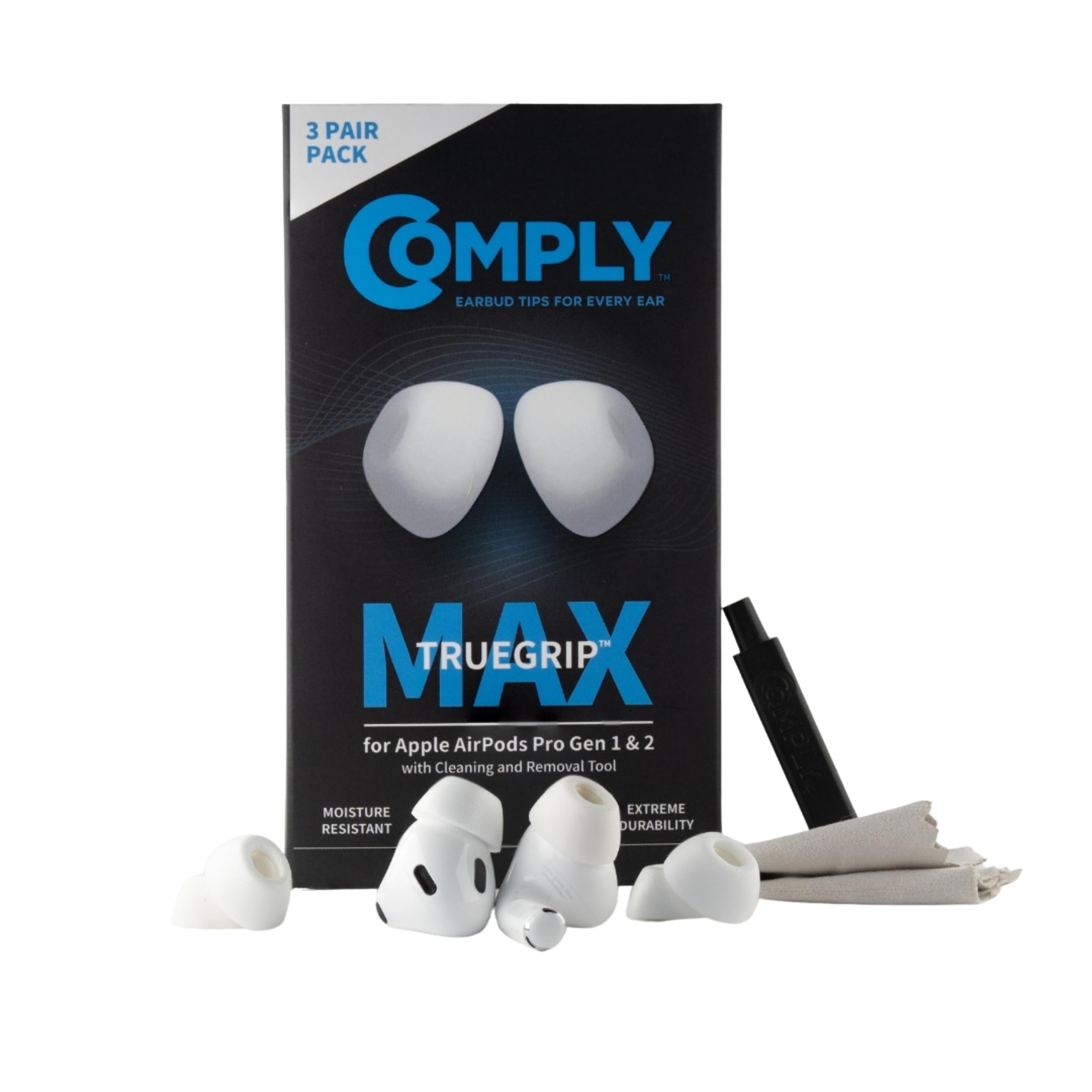 Photo 1 of **LARGER EARPIECES ONLY** Comply TrueGrip MAX | Premium Memory Foam Replacement Earbud Tips for Apple AirPods Pro 1 & 2 | Long Lasting Comfort, Extreme Durability, Secure Fit, Superior Noise Isolation| White (S/M/L) (3 Pairs)