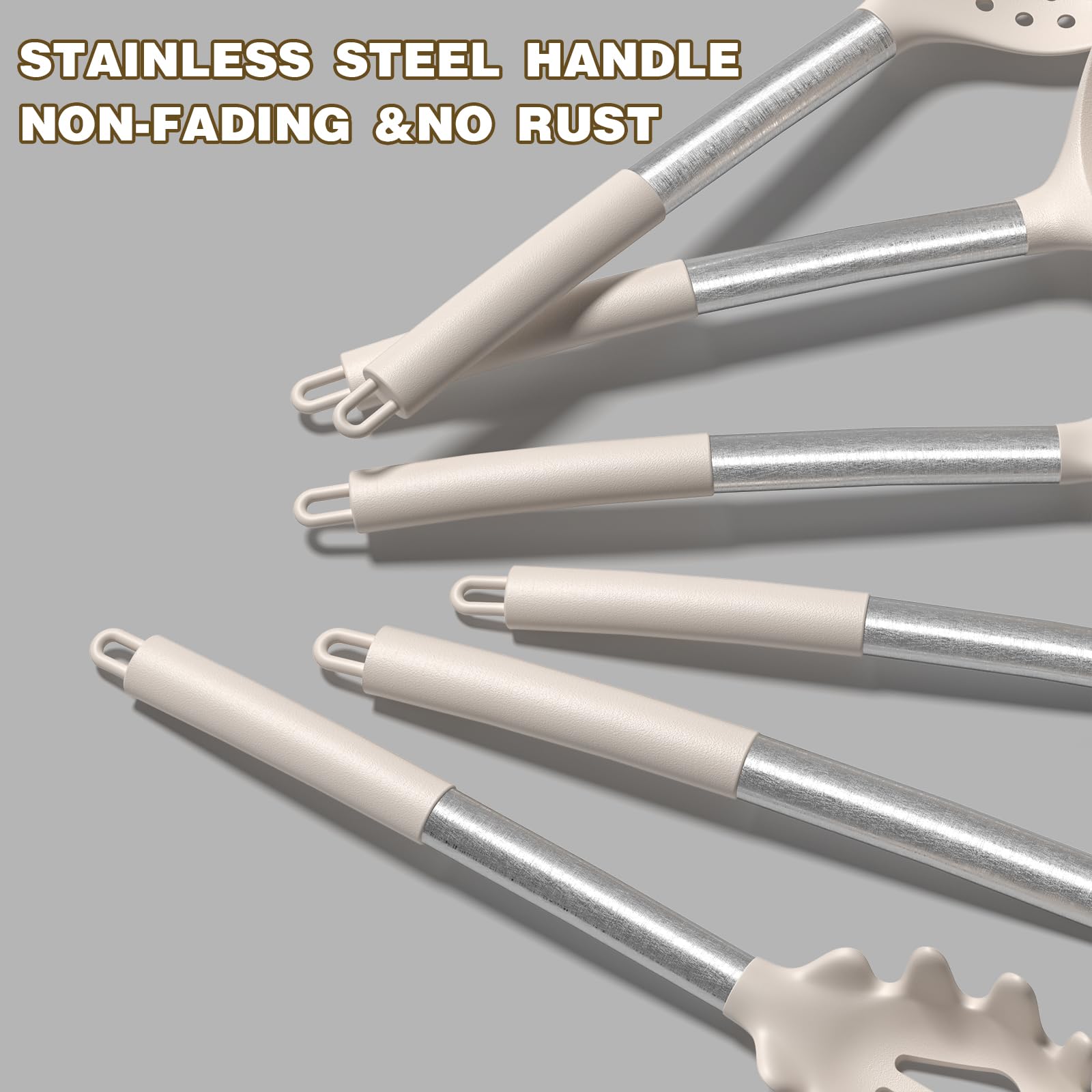 Umite Chef Silicone Kitchen Cooking Utensil Set, 43 pcs Spatula Set with Stainless Steel Handle, Non-stick Heat Resistant - Best Cookware Set-(Khaki)