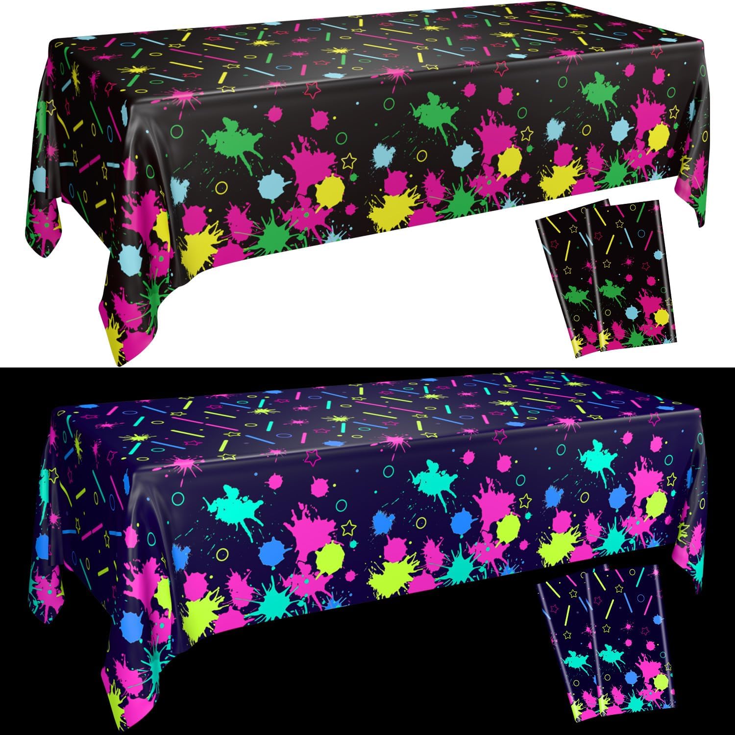 APUXXJUPA Glow Party Table Covers, Neon Birthday Decorations Glow in the Dark Table Cloths for Black Light Party Supplies,4 pack, 130 x 220 cm