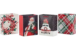 Hallmark 9" Medium Christmas Gift Bag Bundle (4 Bags: Traditional Santa, Holly Wreath, Snowy Red Car, Red and Green Plaid) for Friends, Coworkers, Teachers, Neighbors