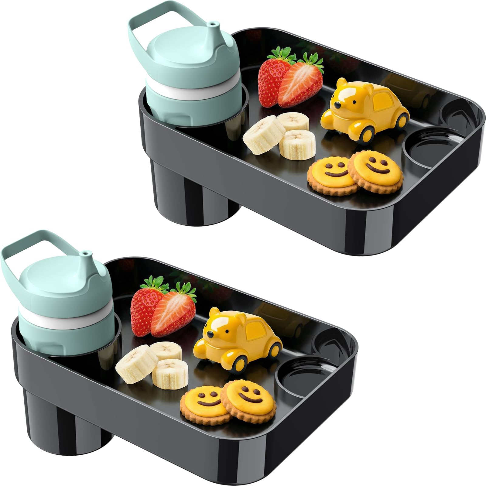 Photo 1 of [2 Pack] Car Seat Snack Tray for Toddlers - 3 Inch Cup Holder Fits Most Sippy Cups & Straw Bottles with Dip Well, Mess-Free Square Kids Travel Tray Road Trip Essentials, Black, 2