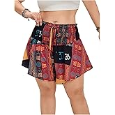 RoseSeek Women's Plus Size Boho Graphic Shorts High Waisted Knot Front Shirred Vacation Shorts