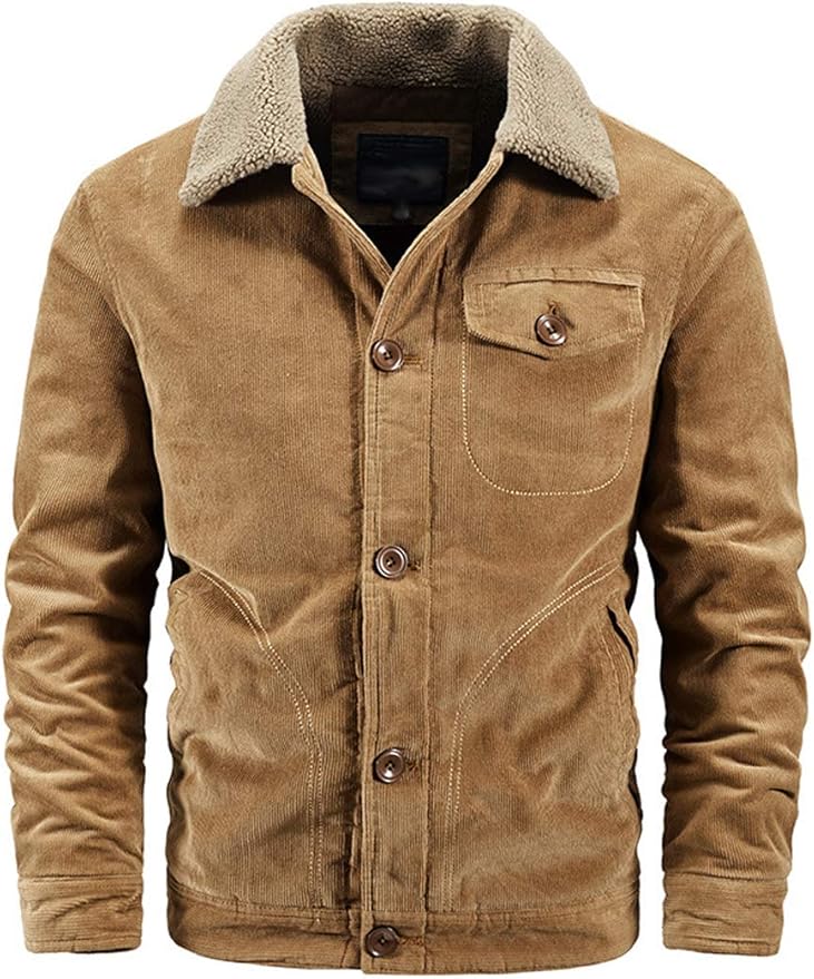 Buy Hongsui Men's Corduroy Sherpa Lining Trucker Lapel Jacket (Khaki