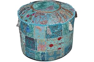 Aakriti Gallery Indian Pouf Footstool - Ethnic Embroidered Ottoman Cover, Round Cotton Pillow for Decor Art (Turquoise, 18x13)