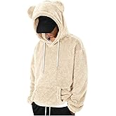 RoseSeek Men's Bear Ear Hoodies Drawstring Long Sleeve Fleece Sweatshirt Fuzzy Pullover Tops