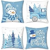 Bonhause Blue Snowman Christmas Throw Pillow Covers 18x18 Inch Winter Xmas Trees Truck Snowflakes Holiday Decorative Cushion Cases for Couch Sofa Bed Home Decor Set of 4