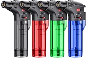 TOPKAY Torch Lighters, 4 Pack, Butane Refillable Jet Flame Torch Lighter, Windproof, Safe, Multi Utility Lighter for Candles, Fireplaces, Campfires, Grill (Without Butane) (Black/Red/Blue/Green)