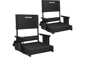 VIVOHOME Height Adjustable High Back Stadium Seats with Back Support and Cushion, 2 Pack Portable Bleacher Chairs with Cup Holder and Shoulder Strap, Black