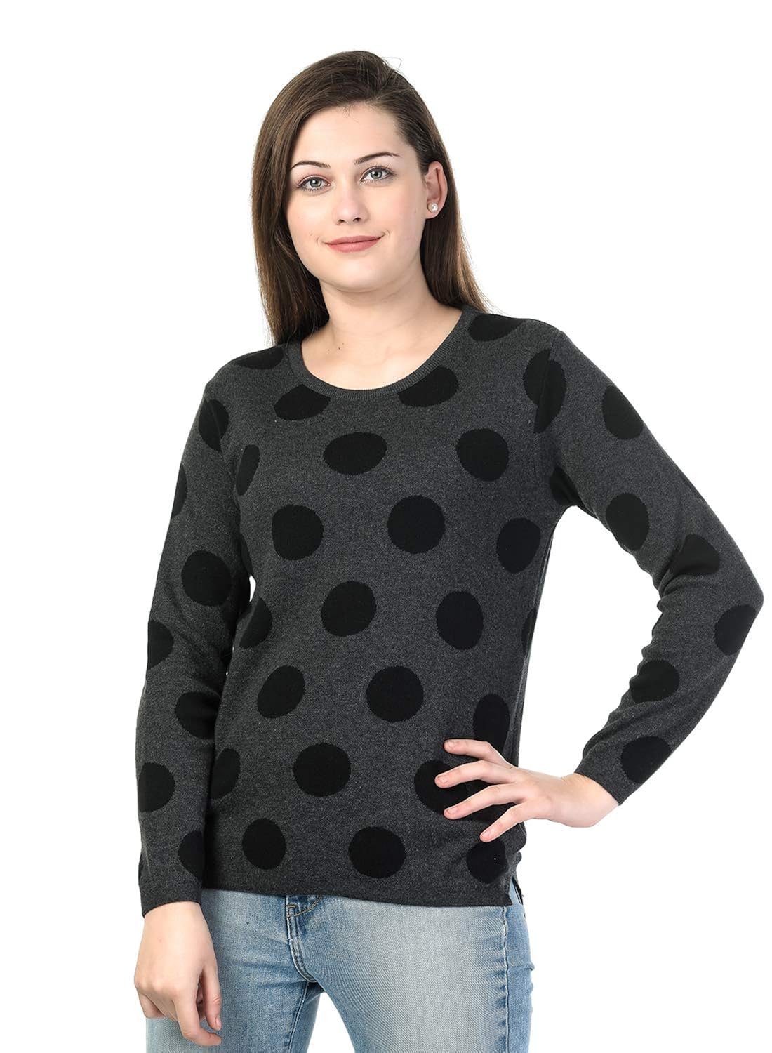 kalt women's round neck full sleeves polka jacquard sweater