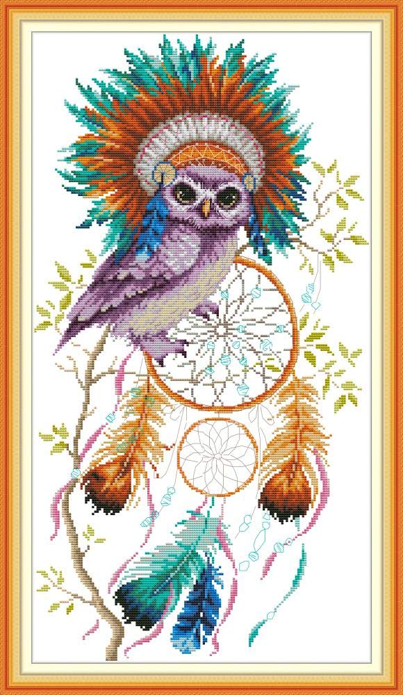 WOWDECOR Cross Stitch Embroidery Kits for Adults, Owl Animals Dream Catcher Colorful Feathers 11CT Stamped DIY DMC Needlework Easy Beginners