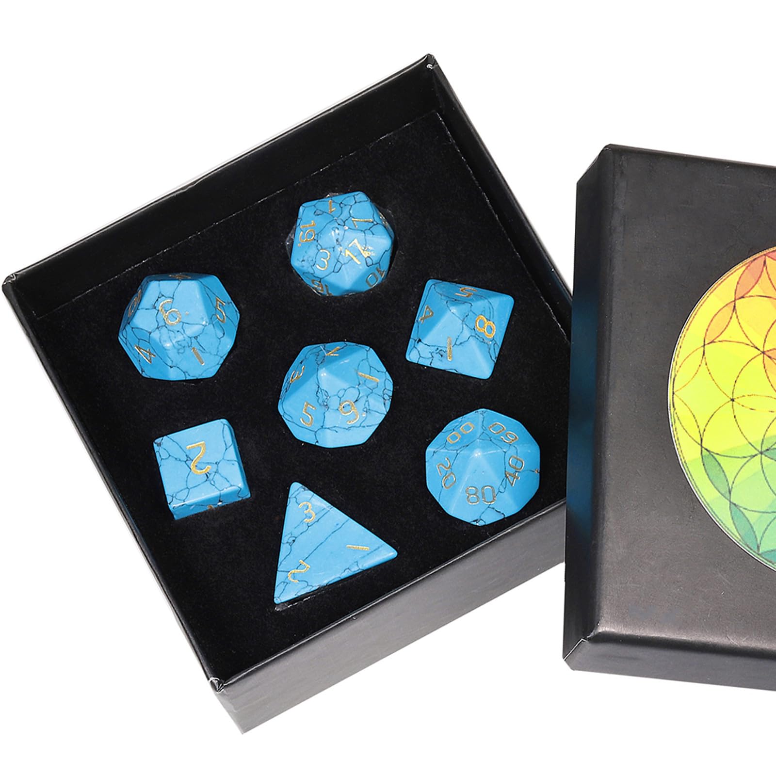 Nupuyai 7pcs Blue Howlite Turquoise Crystal Polyhedral DND Dice Set for RPG MTG Table Games, Polished Tumbled Stones Dices with Box for Home Decor — image 1
