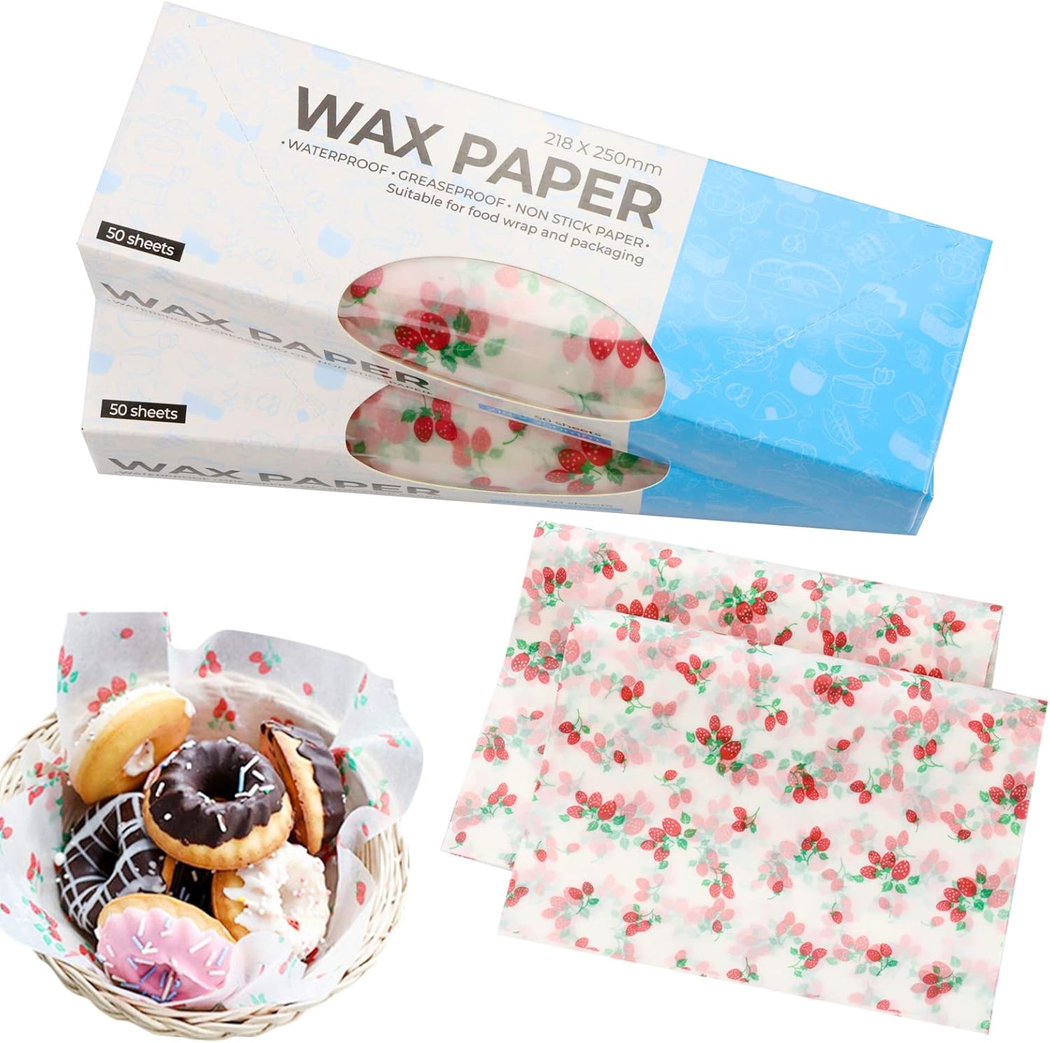 Zezzxu Wax Paper Food Picnic Paper, 100pcs Grease Proof Paper Waterproof Dry Hamburger Paper Liners Wrapping Tissue for Plastic Food Basket (Strawberry pattern)