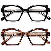 AMOMOMA 2 Pack Trendy Cat Eye Reading Glasses for Women Men Stylish Square Blue Light Blocking Readers AM6203