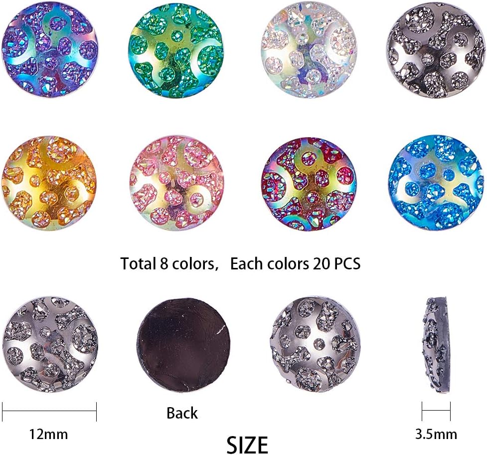 SUNNYCLUE 160pcs 8 Color(20pcs/Color) 12mm Flat Back Resin Cabochons Faux Druzy Dome Cabochons Iridescent Cameo Sparkly Glitter for DIY Earring Bracelet Necklace Jewelry Making - Image 3
