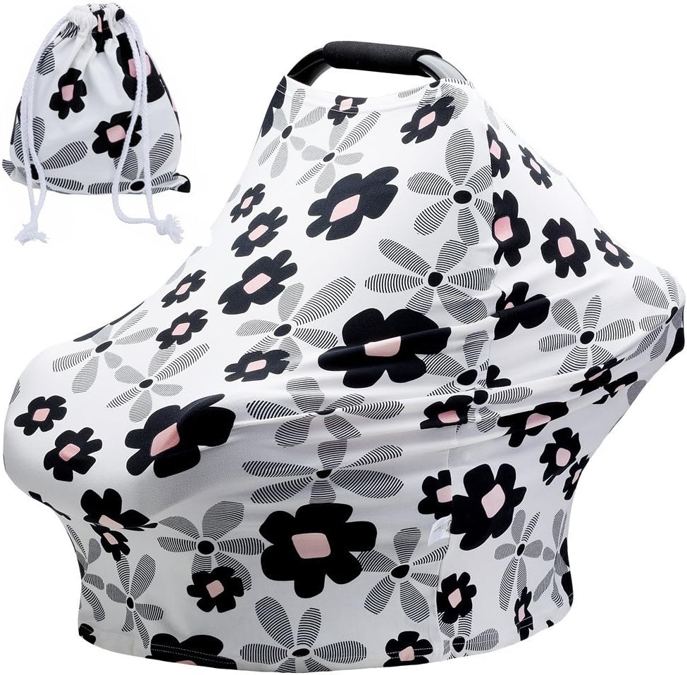 Baby Car Seat Covers for Girls with Pouch Versatile Stretchy Floral Babies Car Seat Protector Infant Stroller Canopy Nursing Covers for Travel Breastfeeding Covers Shopping Cart Cover for Girls