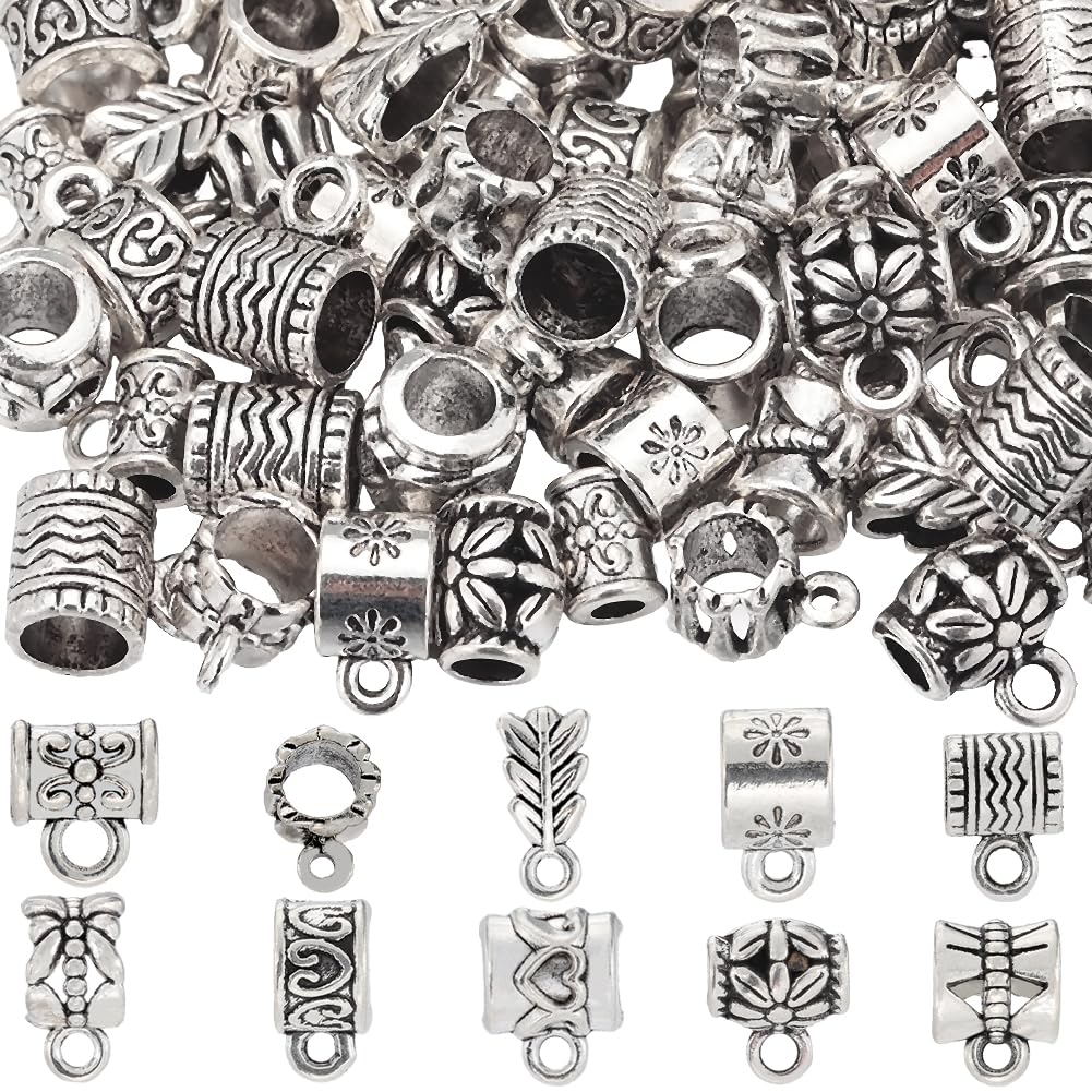 SUNNYCLUE 1 Box 100Pcs Silver Bail Beads Bulk Bail Spacer Beads Charms Antique Tibetan Tube European Hanger Links Connector Spacers for jewellery Making Bracelets Earrings DIY Crafts