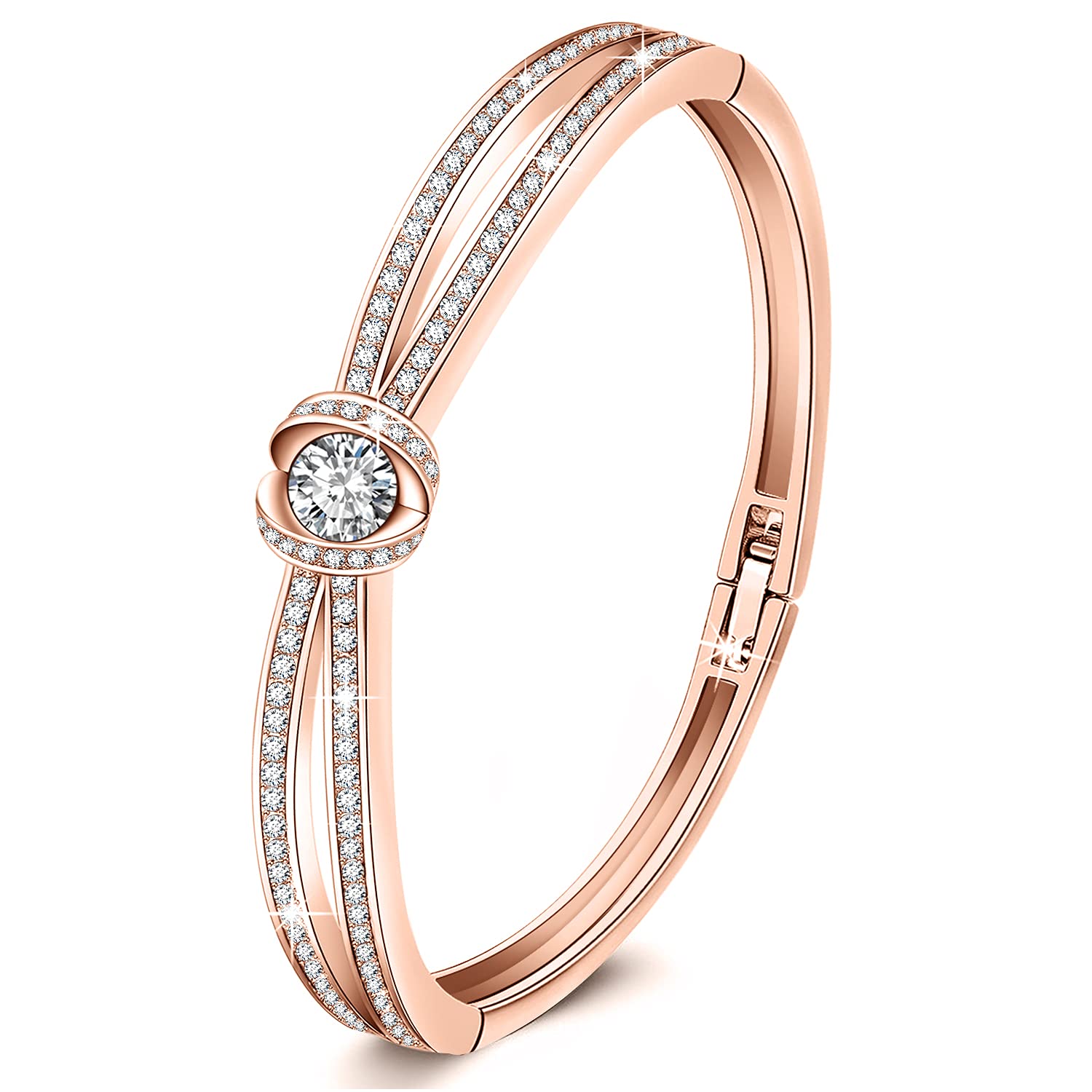 GEORGE · SMITH Cinderella Classic Silver Bangle Bracelets for Womens Rose Gold Bracelet with 5A Cubic Zirconia, Wedding Birthday Gifts for Women