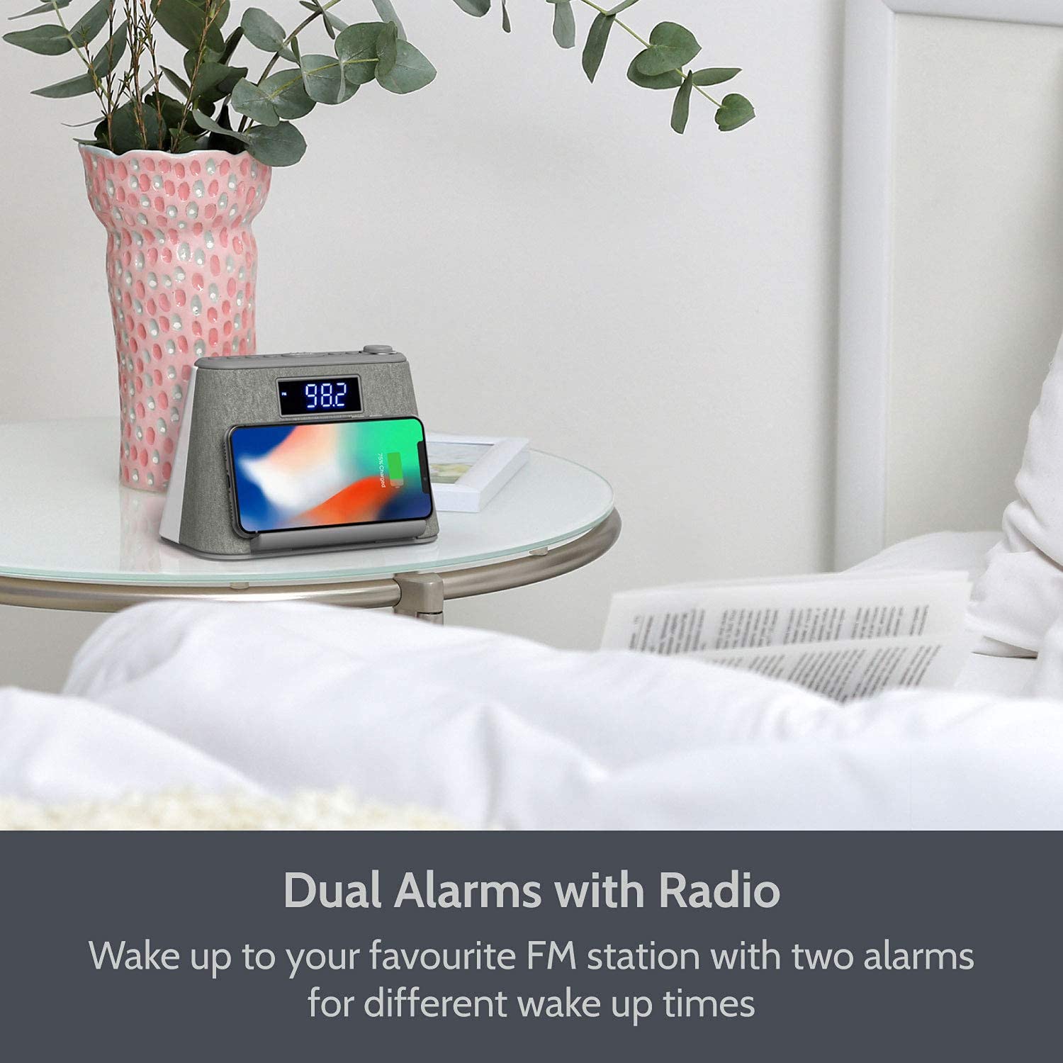 i-box Digital Alarm Clock Radio, Bedside LCD Alarm Clock with USB Charger & Wireless QI Charging, Bluetooth Speaker, FM Radio, RGB Mood LED Night Light Lamp, Dimmable Display and White Noise Machine