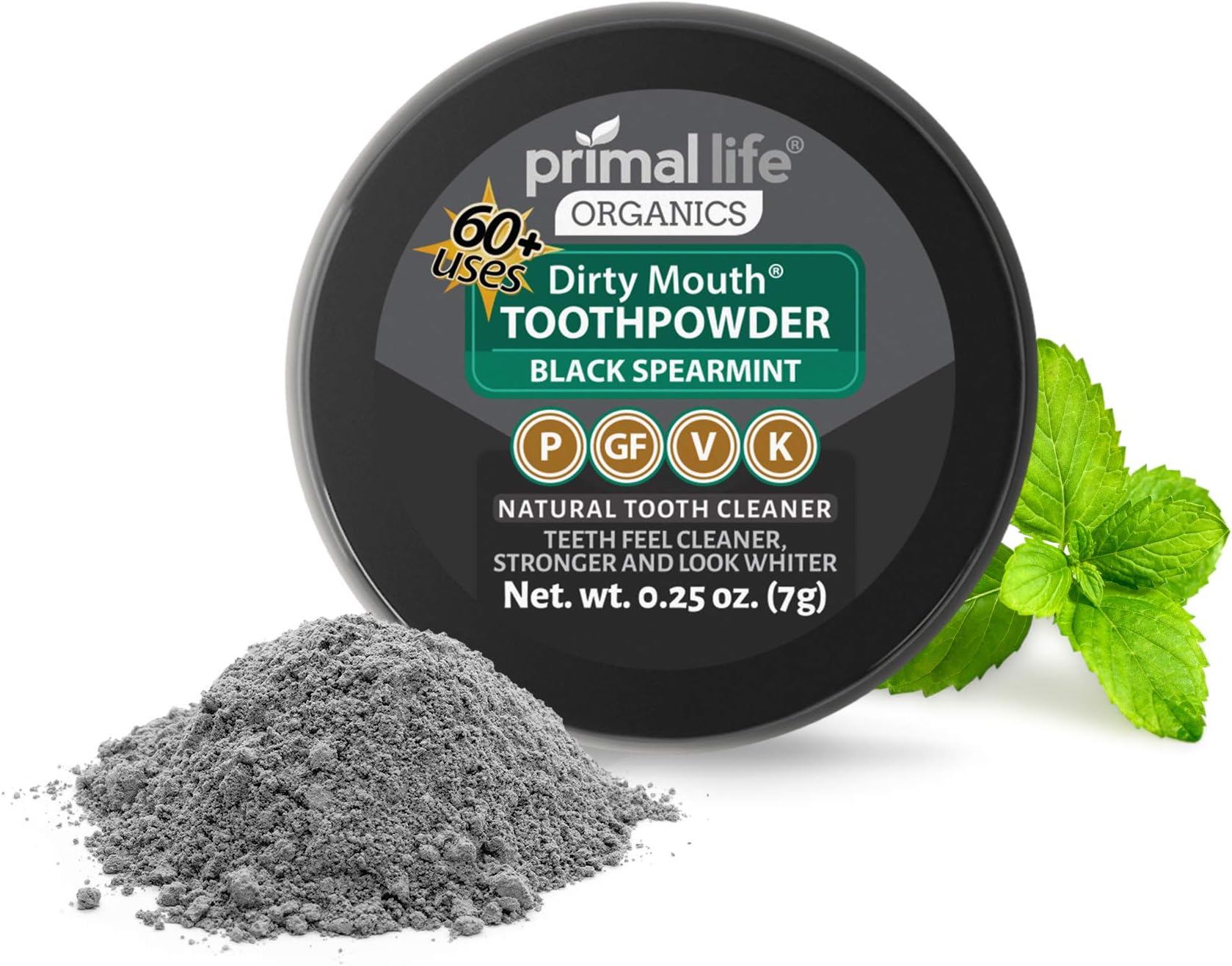 Dirty Mouth Tooth Powder Activated Charcoal Teeth Whitening, Teeth Whitener with Essential Oils and Bentonite Clay, 1 Month Supply, 60 uses, Black Spearmint Flavor (.25 oz) - Primal Life Organics