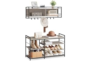 VASAGLE Hall Tree with Shoe Bench, Coat Rack Shoe Bench Set, Entryway Furniture, Multifunctional, 12 Metal Hooks, 4-Tier Shoe Rack, for Entryway, Bedroom, Heather Greige ULSB108K02