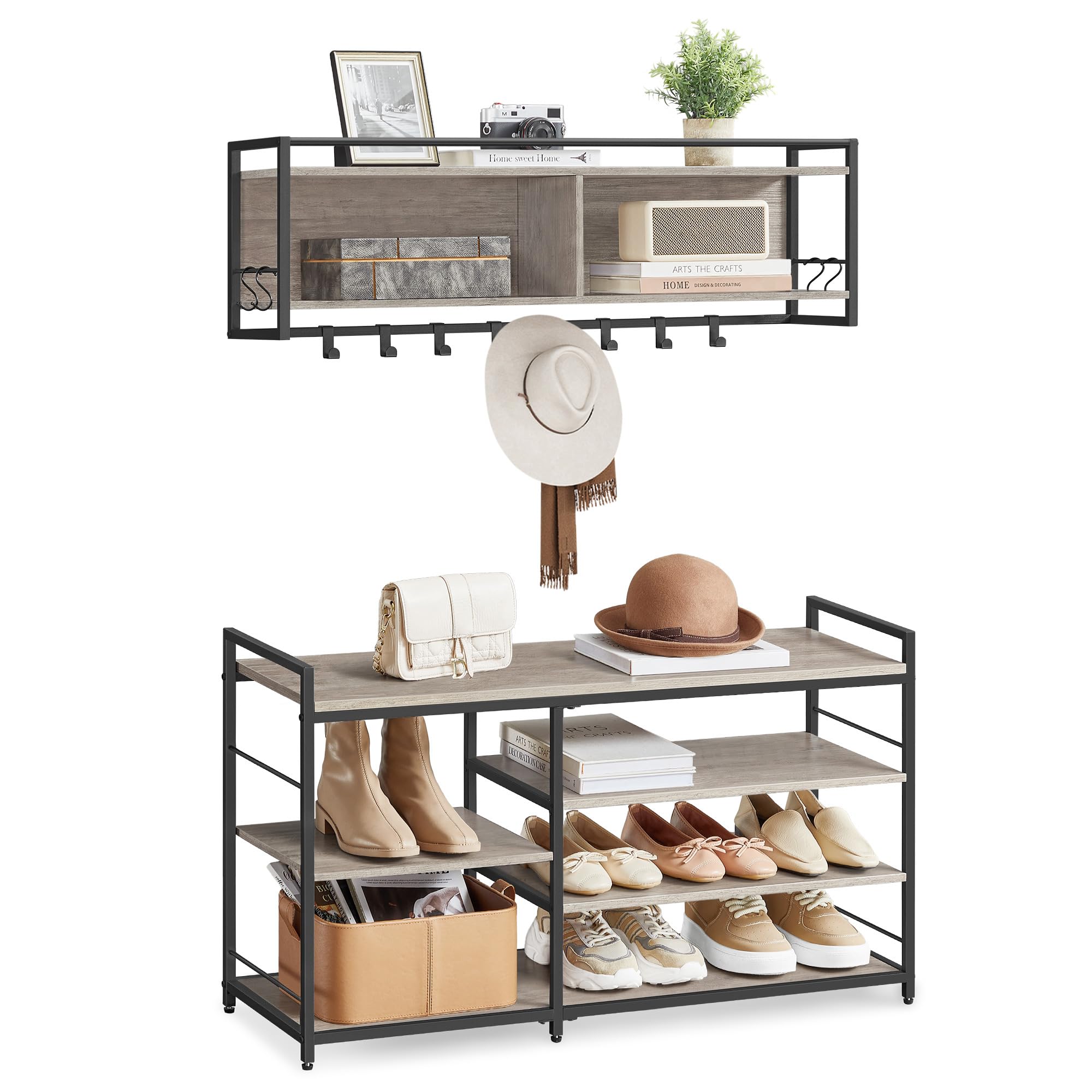 VASAGLE Hall Tree with Shoe Bench, Coat Rack Shoe Bench Set, Entryway Furniture, Multifunctional, 12 Metal Hooks, 4-Tier Shoe Rack, for Entryway, Bedroom, Heather Greige ULSB108K02 Image