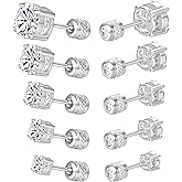 5 Pairs Square Screw Back Stud Earrings Set, Cubic Zirconia Stud Earring for Women Men Hypoallergenic 316L Surgical Stainless Steel Round Cut CZ 3-7mm