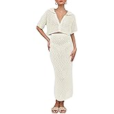Saodimallsu Women Crochet Beach Cover Up Set Knit Crop Button Short Sleeve Collar Top Bodycon Long Skirt 2 Piece Outfits