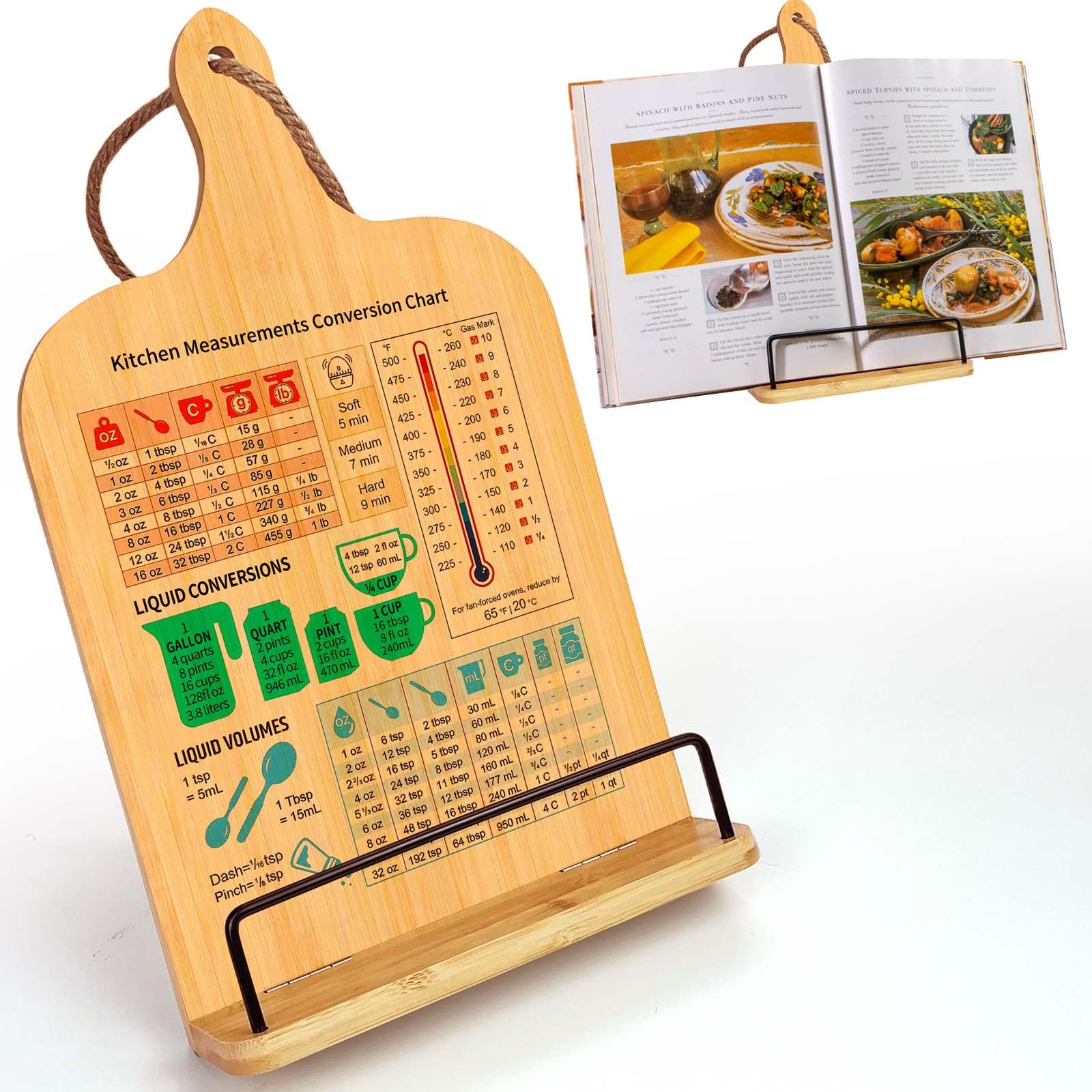 Cook Book Stand,Recipe Book Holder with Measurement Conversion Chart,House Warming Gifts new Home，Bamboo Cookbook Stand,Gifts for Women & Friends,Essential Accessories for Recipe Book Stand
