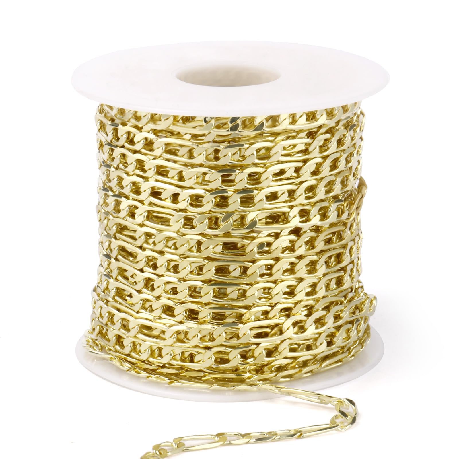 Photo 1 of [33 FT] Gold Figaro Chains Roll, 4mm Wide 14K Gold Plated Brass Figaro Link Chains Spool Bulk for Jewelry Making